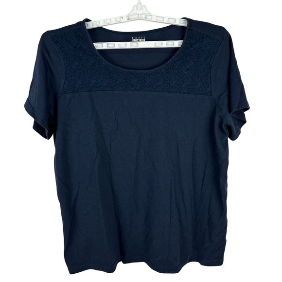 Basic Editions Womens Navy Blue Lace Accent T-Shirt Size IX - Picture 1 of 6